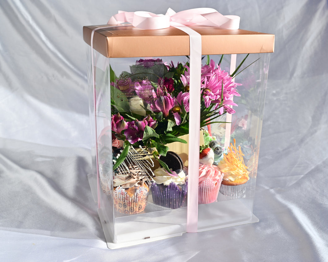 Sweet gift box with assorted dozen cupcakes and fresh flowers