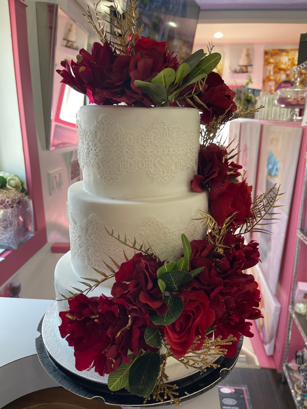Red Flowers Wedding Cake